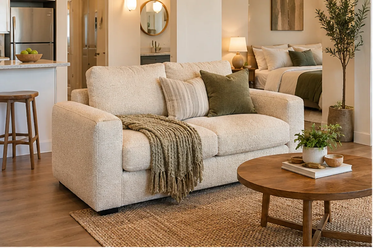 cream loveseat in a short-term rental